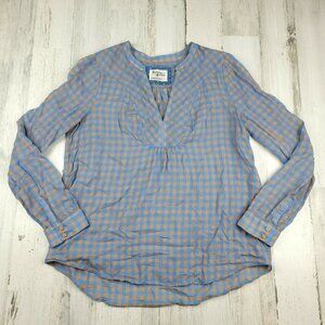 Anthropologie Holding Horses Blue Tan Gingham Plaid V-Neck Long Sleeve Boho Blou